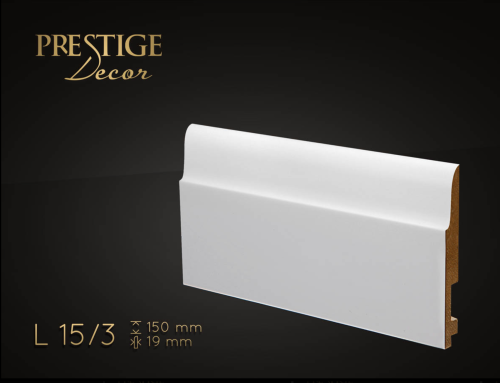 Listwa Prestige Decor L 15/3. Lakierowana, kolor biały RAL 9003. Wymiary 150x19x2500 mm.
