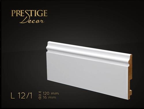 Listwa Prestige Decor L 12/1. Lakierowana, kolor biały RAL 9003. Wymiary 120x16x2500 mm.