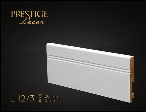 Listwa Prestige Decor L 12/3. Lakierowana, kolor biały RAL 9003. Wymiary 120x16x2500 mm.