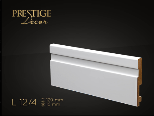 Listwa Prestige Decor L 12/4. Lakierowana, kolor biały RAL 9003. Wymiary 120x16x2500 mm.