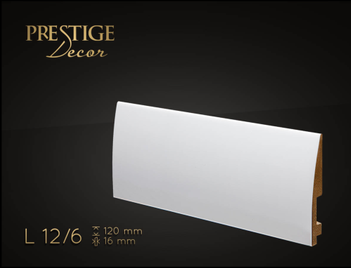 Listwa Prestige Decor L 12/6. Lakierowana, kolor biały RAL 9003. Wymiary 120x16x2500 mm.