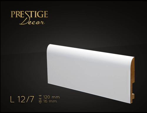 Listwa Prestige Decor L 12/7. Lakierowana, kolor biały RAL 9003. Wymiary 120x16x2500 mm.