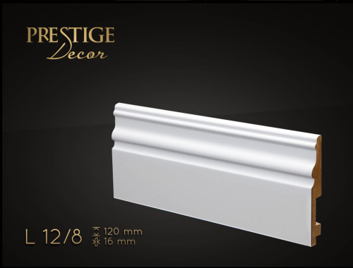 Listwa Prestige Decor L 12/8. Lakierowana, kolor biały RAL 9003. Wymiary 120x16x2500 mm.