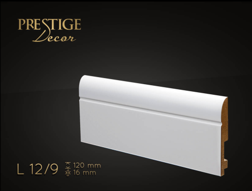 Listwa Prestige Decor L 12/9. Lakierowana, kolor biały RAL 9003. Wymiary 120x16x2500 mm.