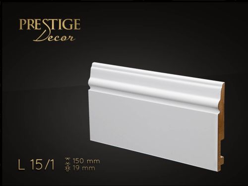 Listwa Prestige Decor L 15/1. Lakierowana, kolor biały RAL 9003. Wymiary 150x19x2500 mm.