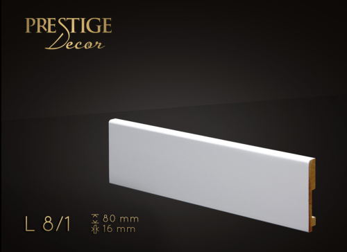 Listwa Prestige Decor L 8/1. Lakierowana, kolor biały RAL 9003. Wymiary 80x16x2500 mm.