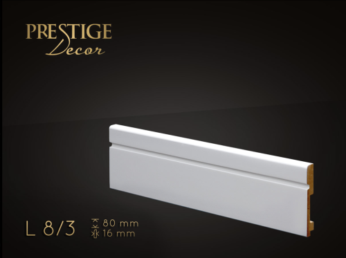 Listwa Prestige Decor L 8/3. Lakierowana, kolor biały RAL 9003. Wymiary 80x16x2500 mm.