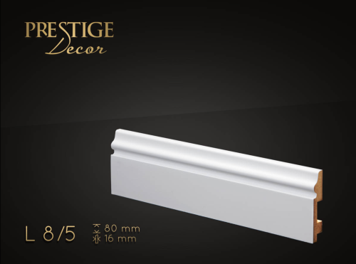 Listwa Prestige Decor L 8/5. Lakierowana, kolor biały RAL 9003. Wymiary 80x16x2500 mm.