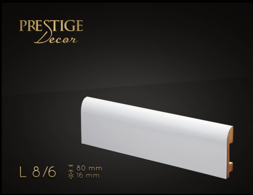 Listwa Prestige Decor L 8/6. Lakierowana, kolor biały RAL 9003. Wymiary 80x16x2500 mm.