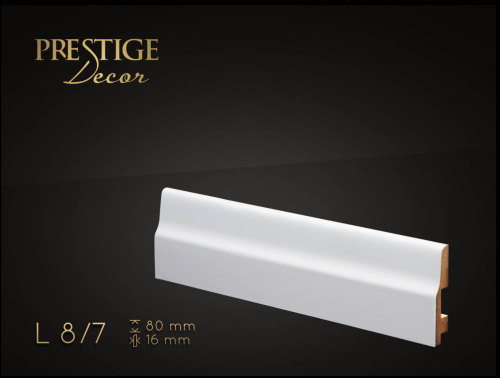 Listwa Prestige Decor L 8/7. Lakierowana, kolor biały RAL 9003. Wymiary 80x16x2500 mm.